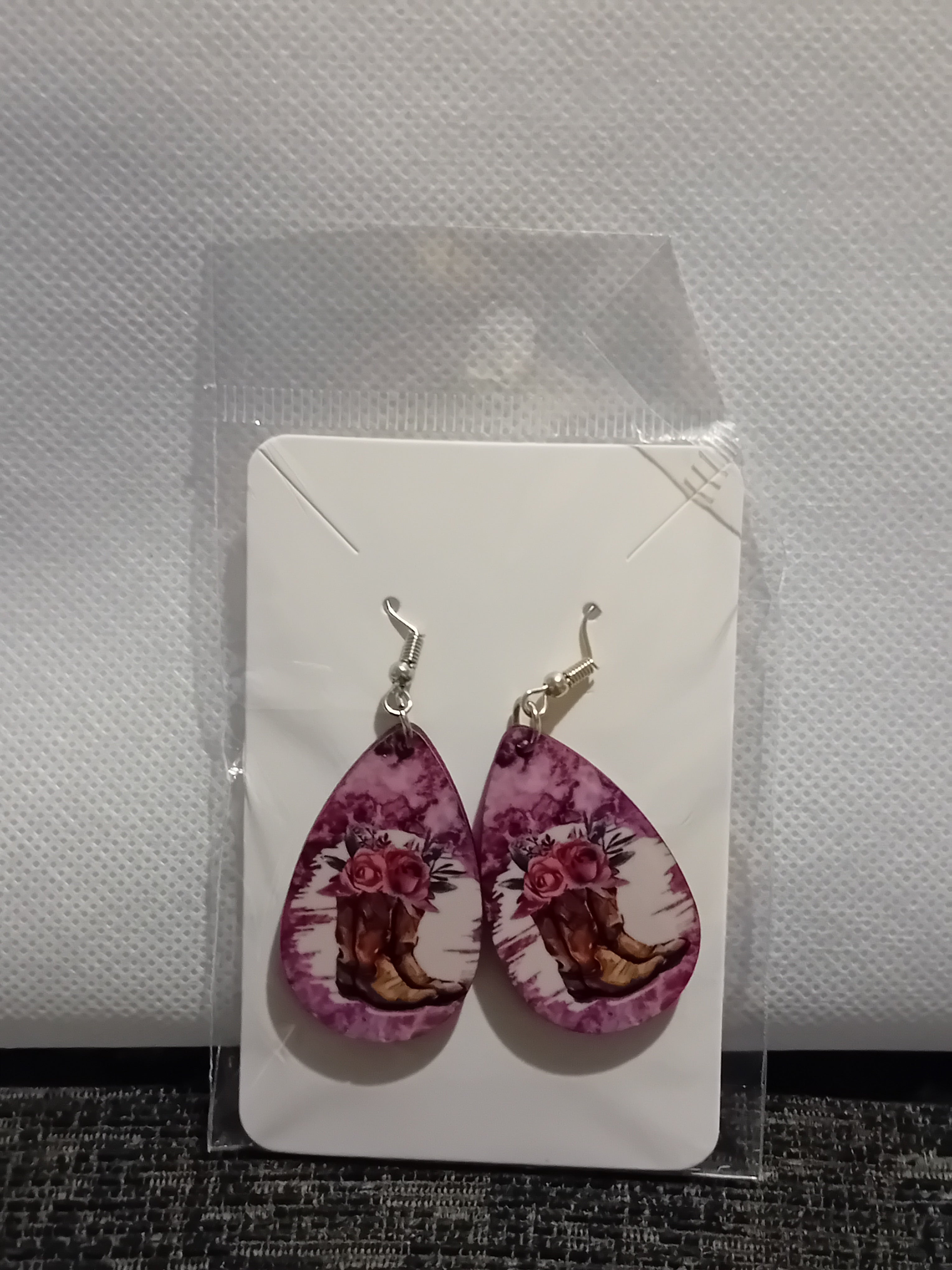 MDF wooden teardrop earrings- boots and flowers